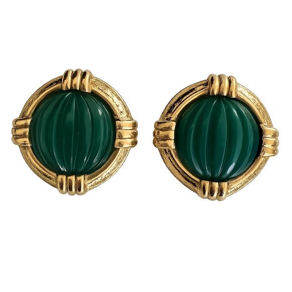 Bijoux Cascio Jewelry - Vintage Bijoux Cascio Green Cabochon Gold Tone Clip-On Earrings Made in Italy